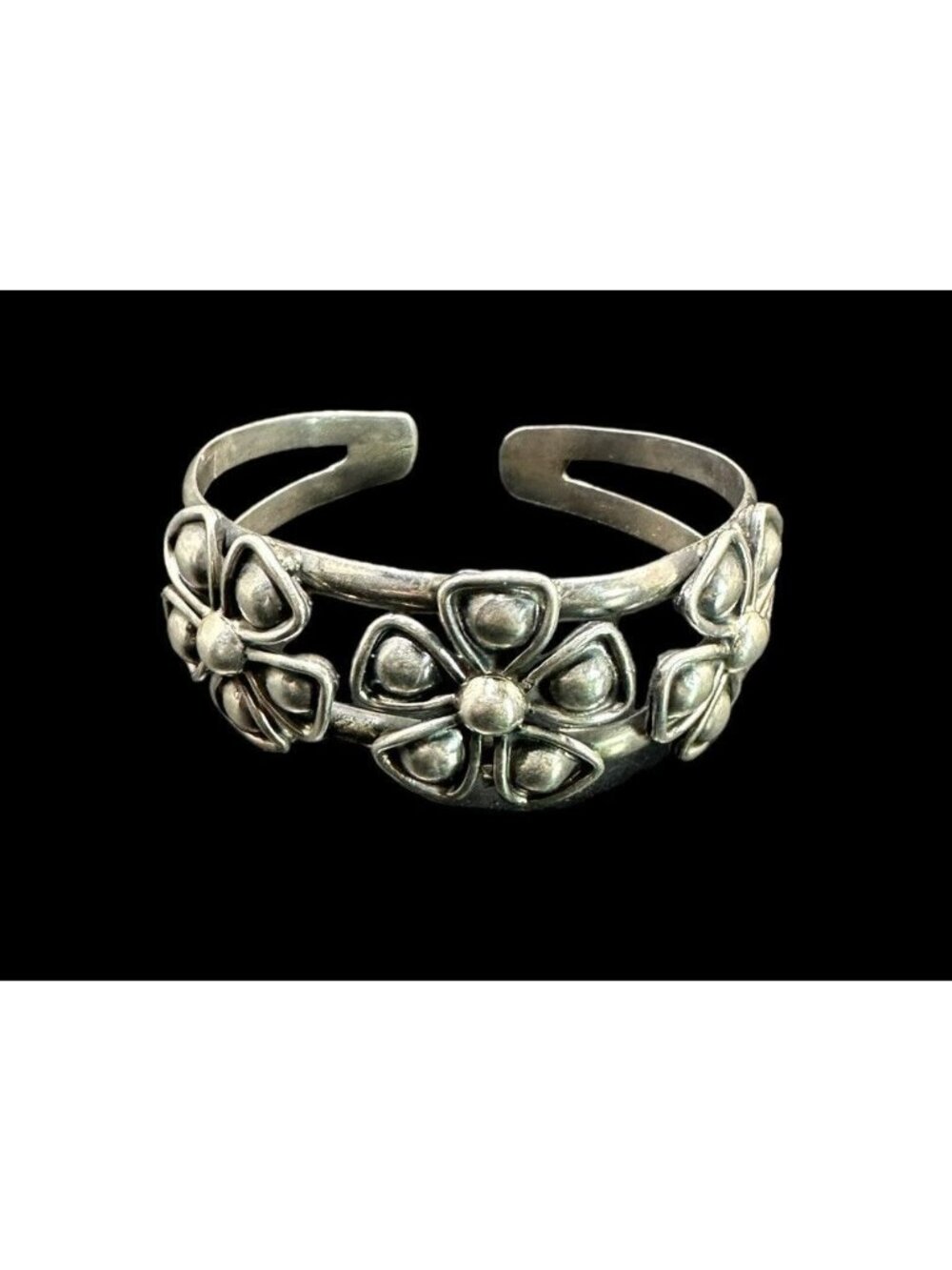 950 Silver Cuff Bracelet Three Flower Open Work Floral Design Sterling Retro - Picture 5 of 7